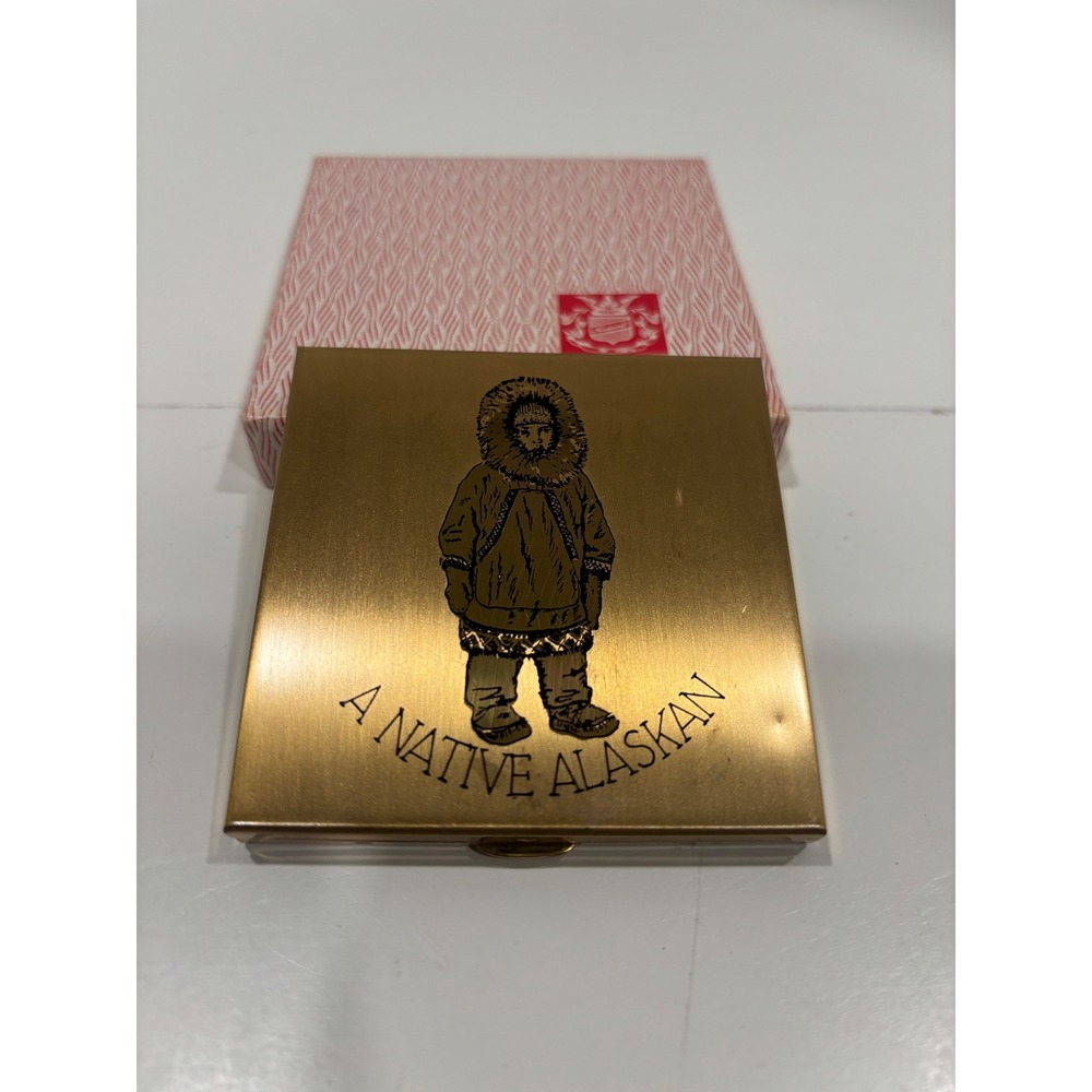 Vintage A Native Alaskan Gold Tone Square Makeup Compact Mirror Newport Puff Box